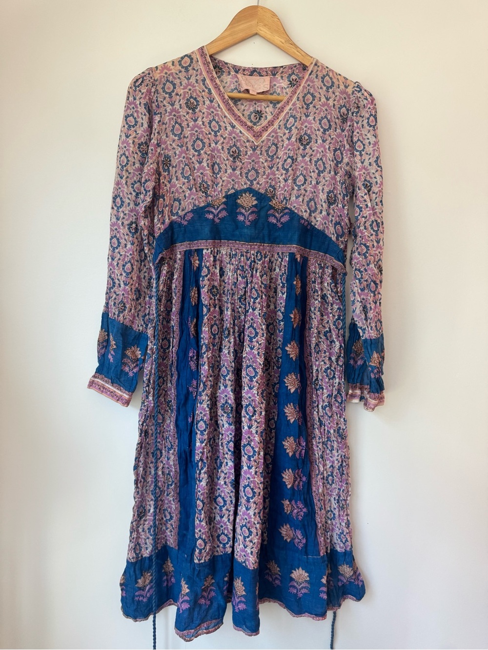 Cloud Castles Boho Floral Paisley Print Long Sleeve Midi Dress Purple Blue M